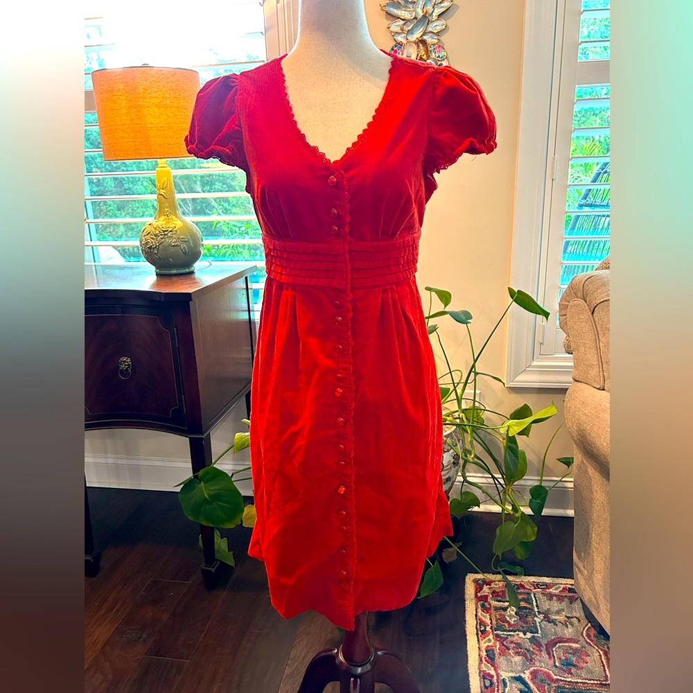 Anthropologie Maeve Scarlet Corduroy Button Up Tie Back Lace Trim Mini Dress